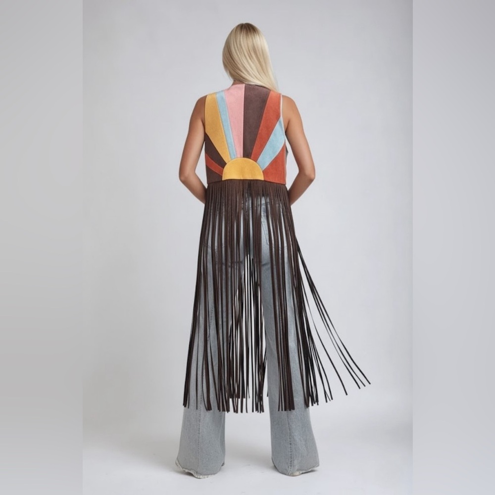 🌅 Boho Western Color Block Fringe Vest – Brown Sunrise Multi
